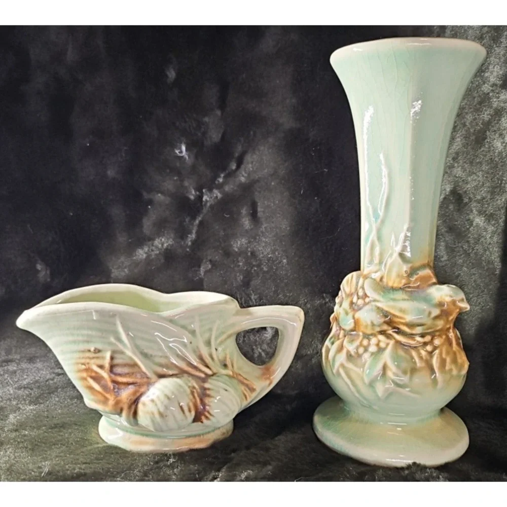 Pair Vintage‎ McCoy Pottery rustic birds in nest - 8